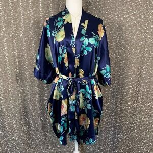 Vintage Kathryn Blue Floral Short Belted Robe Pockets‎ Women's Large